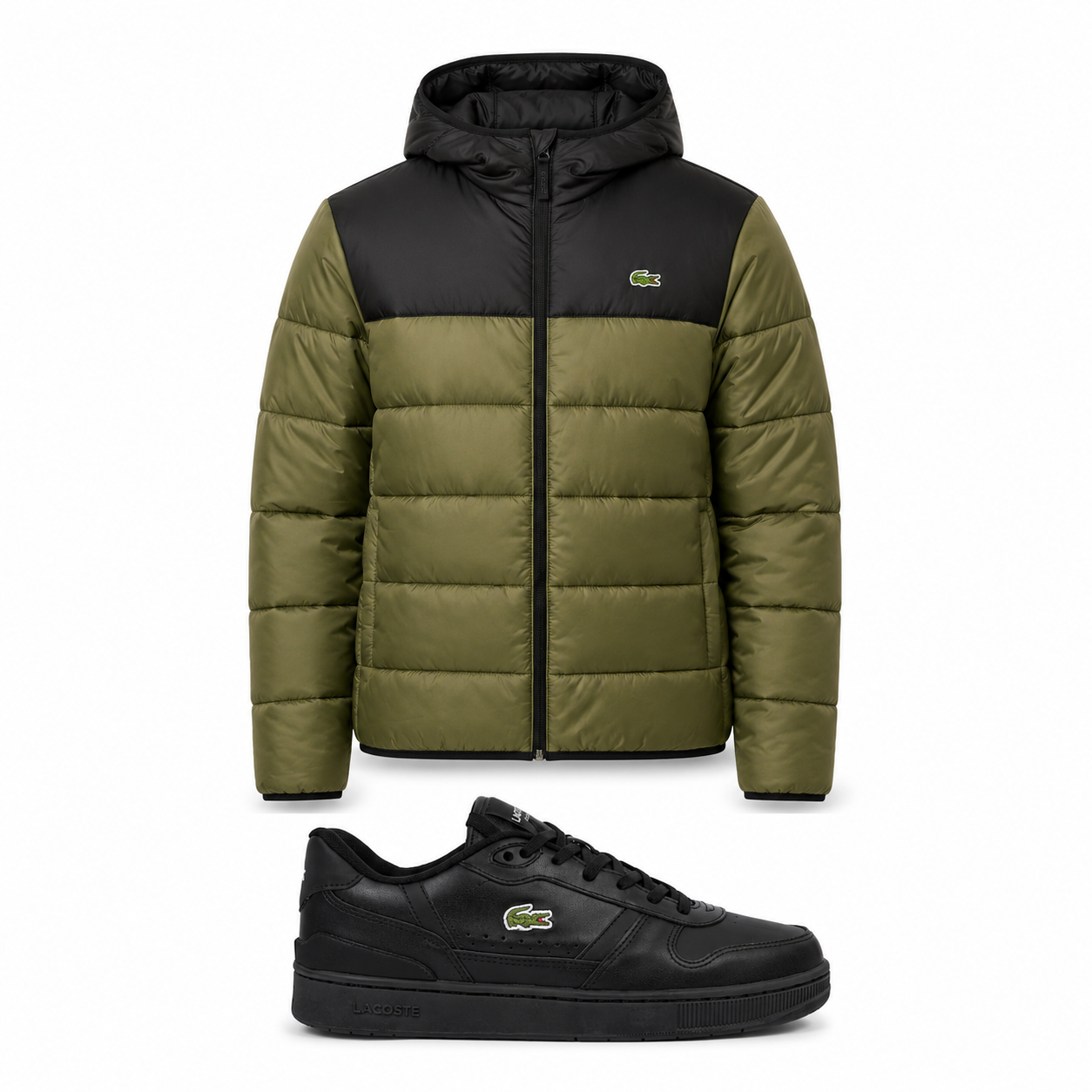 Kit Premium Masculino — Jaqueta Puffer Verde Oliva + Tênis Casual Preto