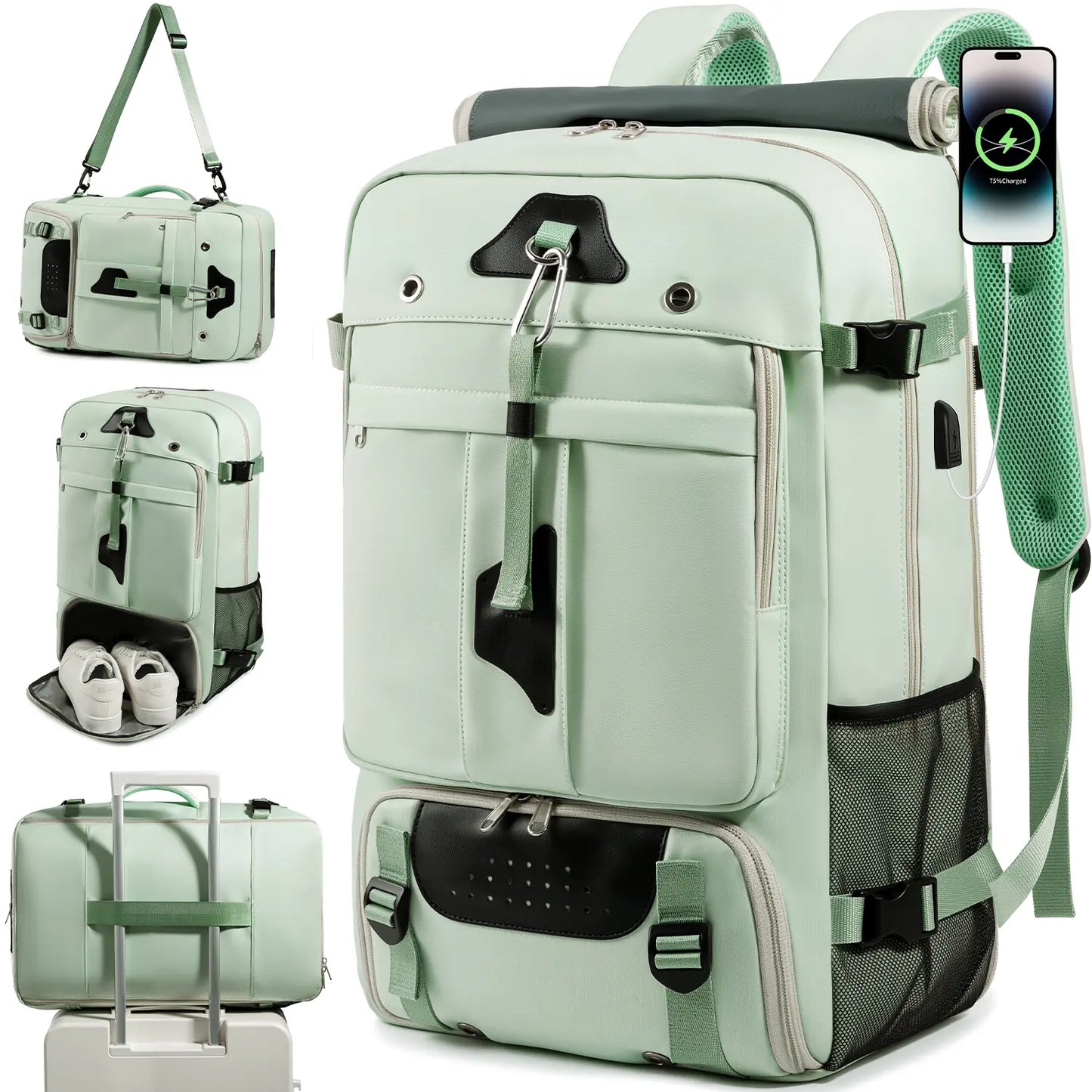 Mochila Viagem 60L Impermeável Multifuncional com Carregador e Compartimento Sapatos