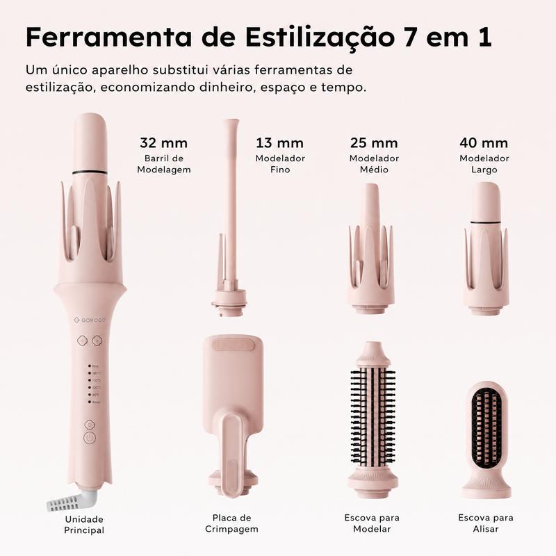 GOKOCO Modelador de Cachos 7 em 1 Automático com Íons Negativos | Bivolt 100-240V | Escova Alisadora e Volume