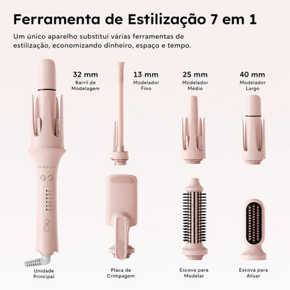 GOKOCO Modelador de Cachos 7 em 1 Automático com Íons Negativos | Bivolt 100-240V | Escova Alisadora e Volume