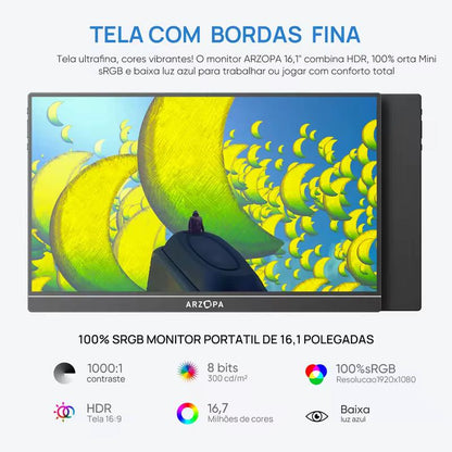 Monitor portátil de 15.6"/16,1"/17,3" 100% sRGB monitor para jogos IPS 1080P FHD Monitor para laptop com suporte embutido Tela externa HDMI USB C para PC Mac Telefone Xbox Switch PS5