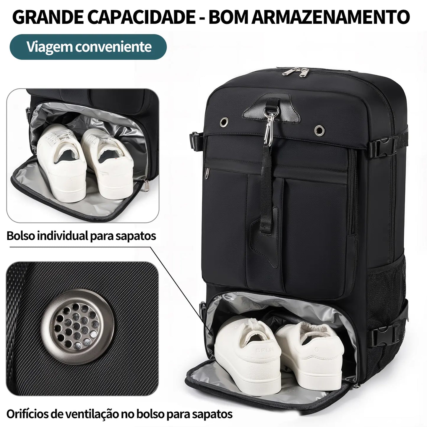Mochila Viagem 60L Impermeável Multifuncional com Carregador e Compartimento Sapatos