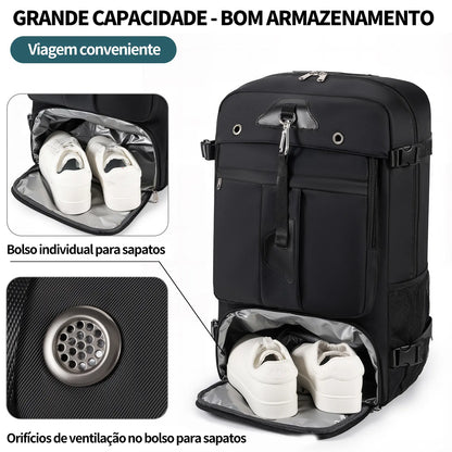 Mochila Viagem 60L Impermeável Multifuncional com Carregador e Compartimento Sapatos