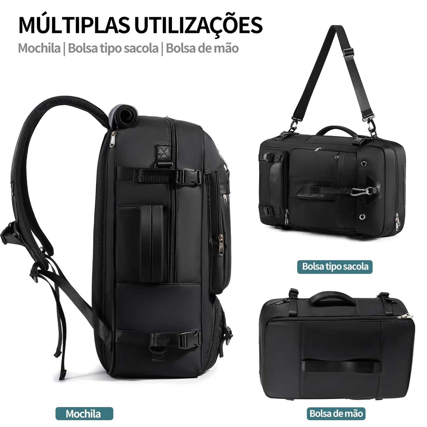 Mochila Viagem 60L Impermeável Multifuncional com Carregador e Compartimento Sapatos