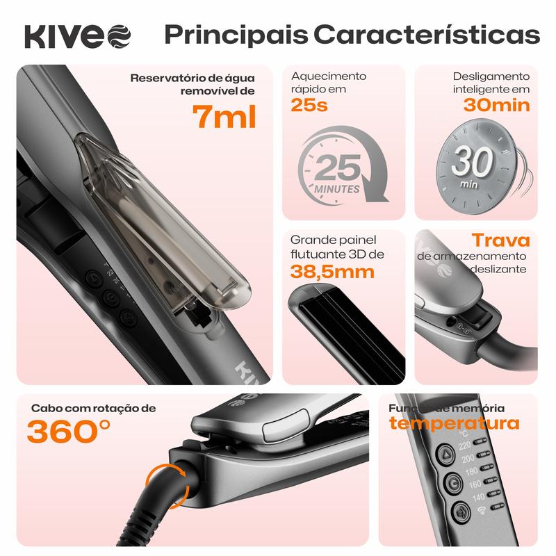 Prancha a Vapor 3 em 1 KIVEE KV-864 – Hidratação, Infravermelho e Íons para Liso e Cachos