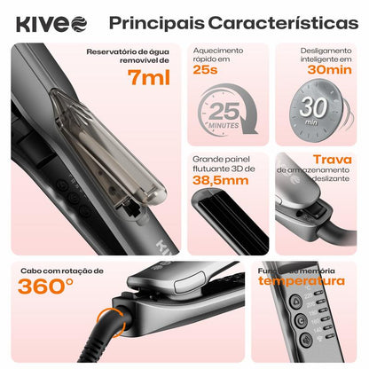 Prancha a Vapor 3 em 1 KIVEE KV-864 – Hidratação, Infravermelho e Íons para Liso e Cachos