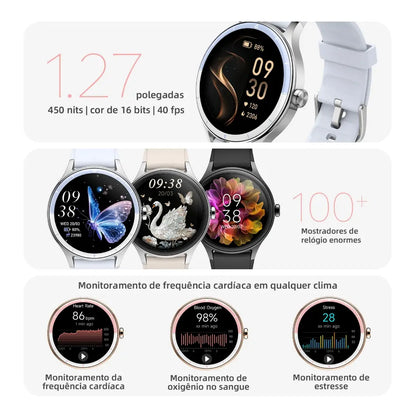 BETTDOW Smartwatch para mulher: ecrã LCD de 1,27 polegadas, resistência à água IP68, caixa em liga metálica, modo desportivo.