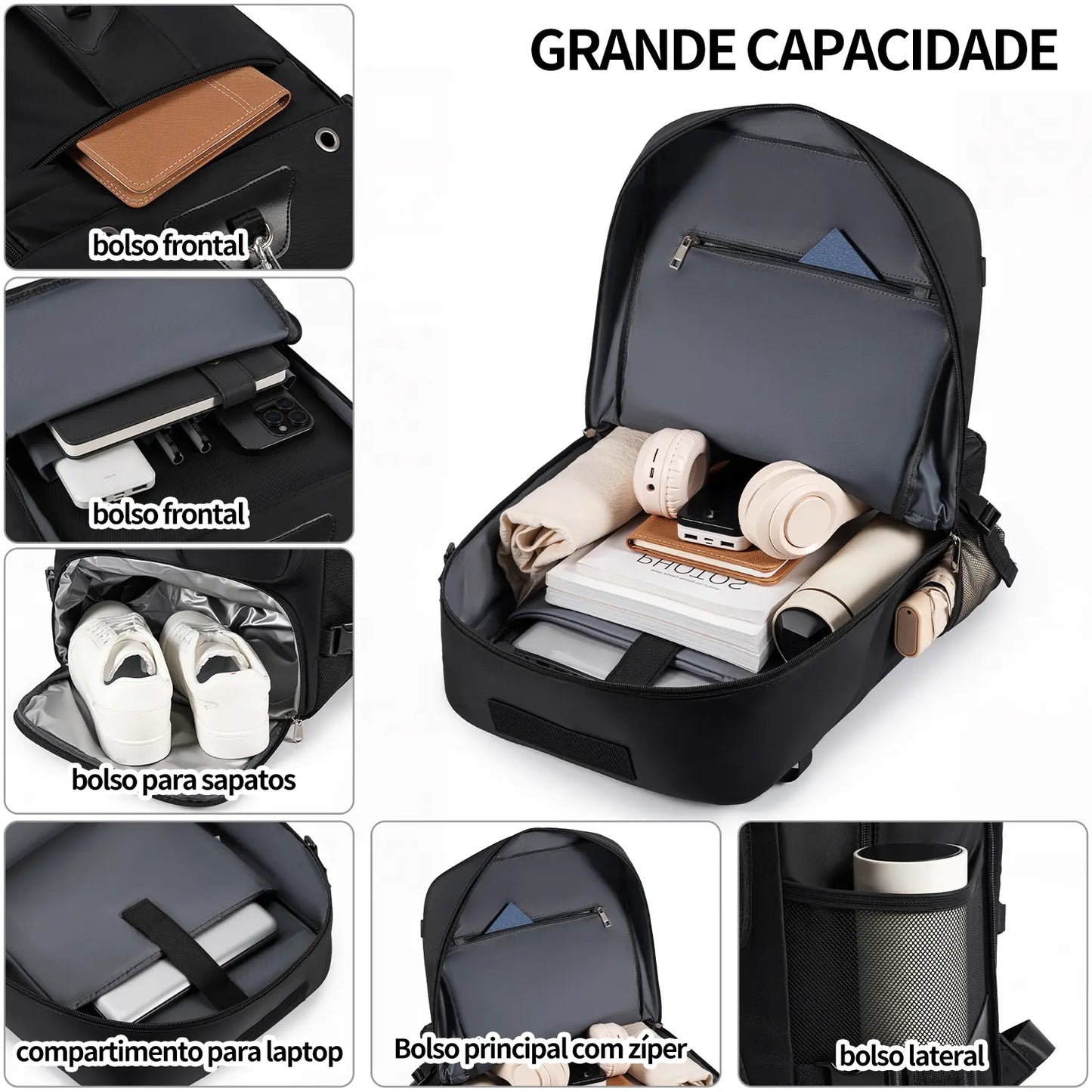Mochila Viagem 60L Impermeável Multifuncional com Carregador e Compartimento Sapatos