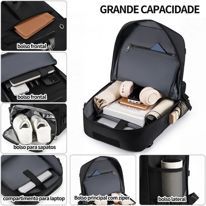 Mochila Viagem 60L Impermeável Multifuncional com Carregador e Compartimento Sapatos
