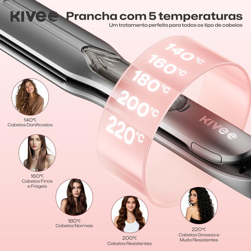 Prancha a Vapor 3 em 1 KIVEE KV-864 – Hidratação, Infravermelho e Íons para Liso e Cachos