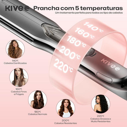 Prancha a Vapor 3 em 1 KIVEE KV-864 – Hidratação, Infravermelho e Íons para Liso e Cachos