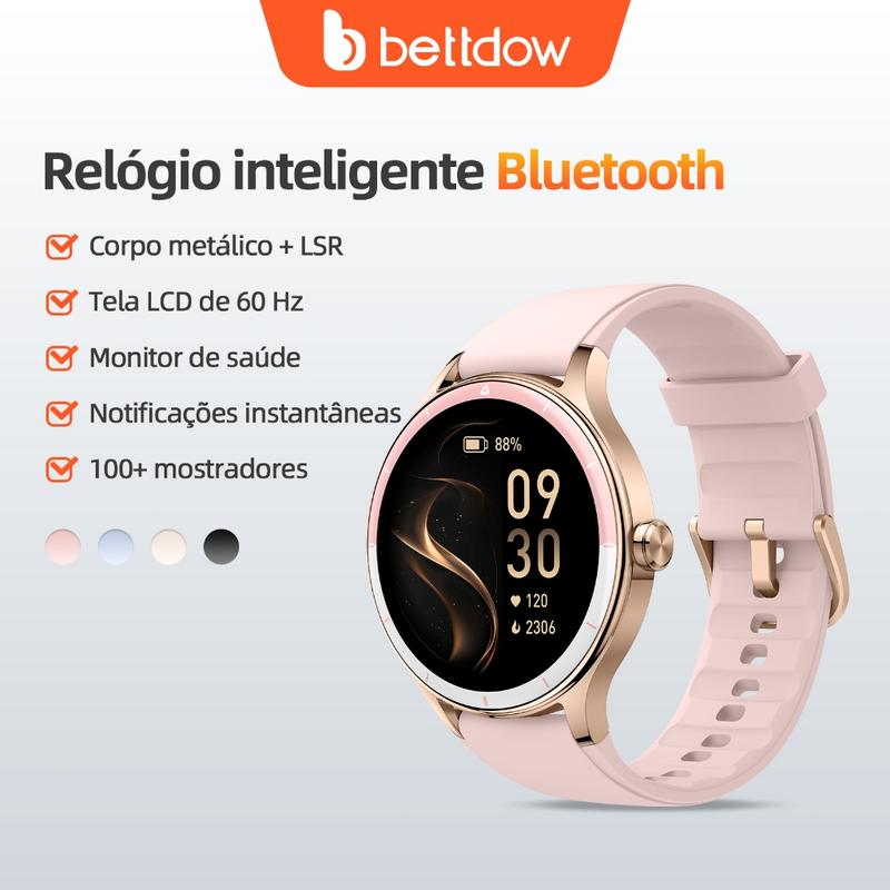 BETTDOW Smartwatch para mulher: ecrã LCD de 1,27 polegadas, resistência à água IP68, caixa em liga metálica, modo desportivo.
