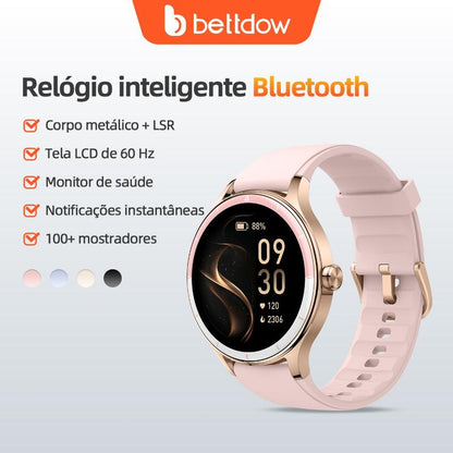 BETTDOW Smartwatch para mulher: ecrã LCD de 1,27 polegadas, resistência à água IP68, caixa em liga metálica, modo desportivo.