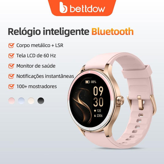 BETTDOW Smartwatch para mulher: ecrã LCD de 1,27 polegadas, resistência à água IP68, caixa em liga metálica, modo desportivo.