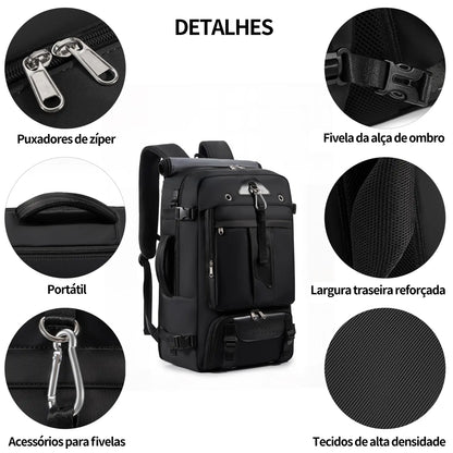 Mochila Viagem 60L Impermeável Multifuncional com Carregador e Compartimento Sapatos