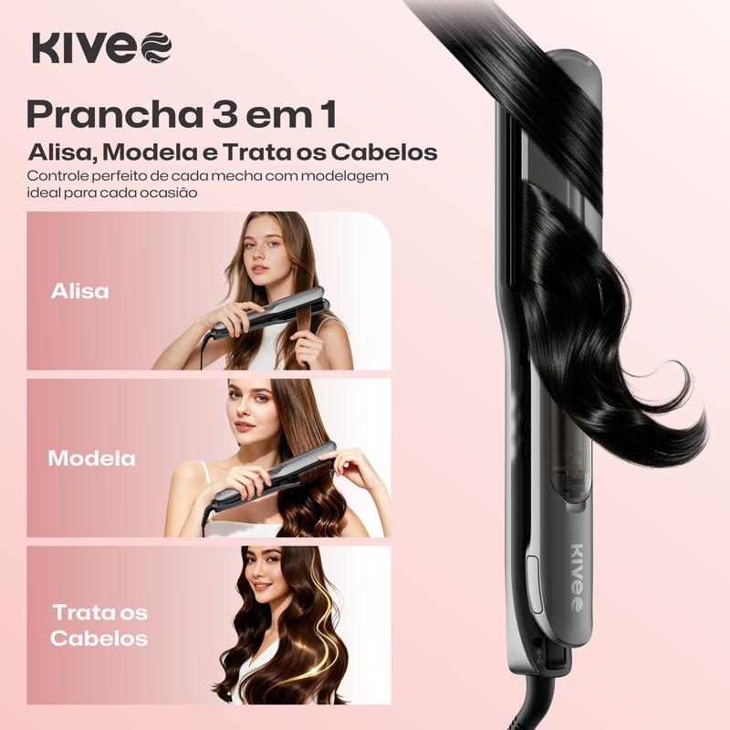 Prancha a Vapor 3 em 1 KIVEE KV-864 – Hidratação, Infravermelho e Íons para Liso e Cachos