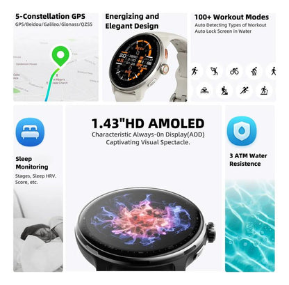 Smartwatch com GPS, 1.43" Display Bluetooth Telefone Chamada, Monitoramento avançado de saúde, sono e de coração, à prova d'água 3ATM,relogio smartwatch feminino e masculino