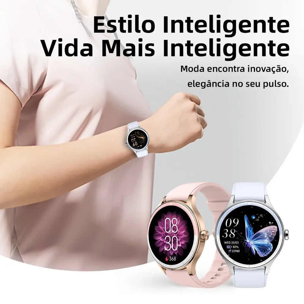 BETTDOW Smartwatch para mulher: ecrã LCD de 1,27 polegadas, resistência à água IP68, caixa em liga metálica, modo desportivo.