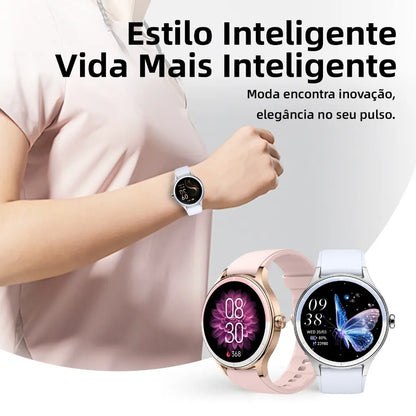 BETTDOW Smartwatch para mulher: ecrã LCD de 1,27 polegadas, resistência à água IP68, caixa em liga metálica, modo desportivo.