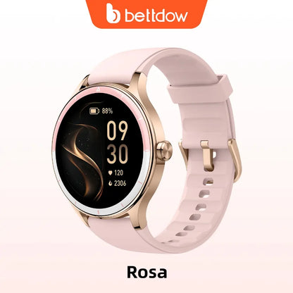 BETTDOW Smartwatch para mulher: ecrã LCD de 1,27 polegadas, resistência à água IP68, caixa em liga metálica, modo desportivo.