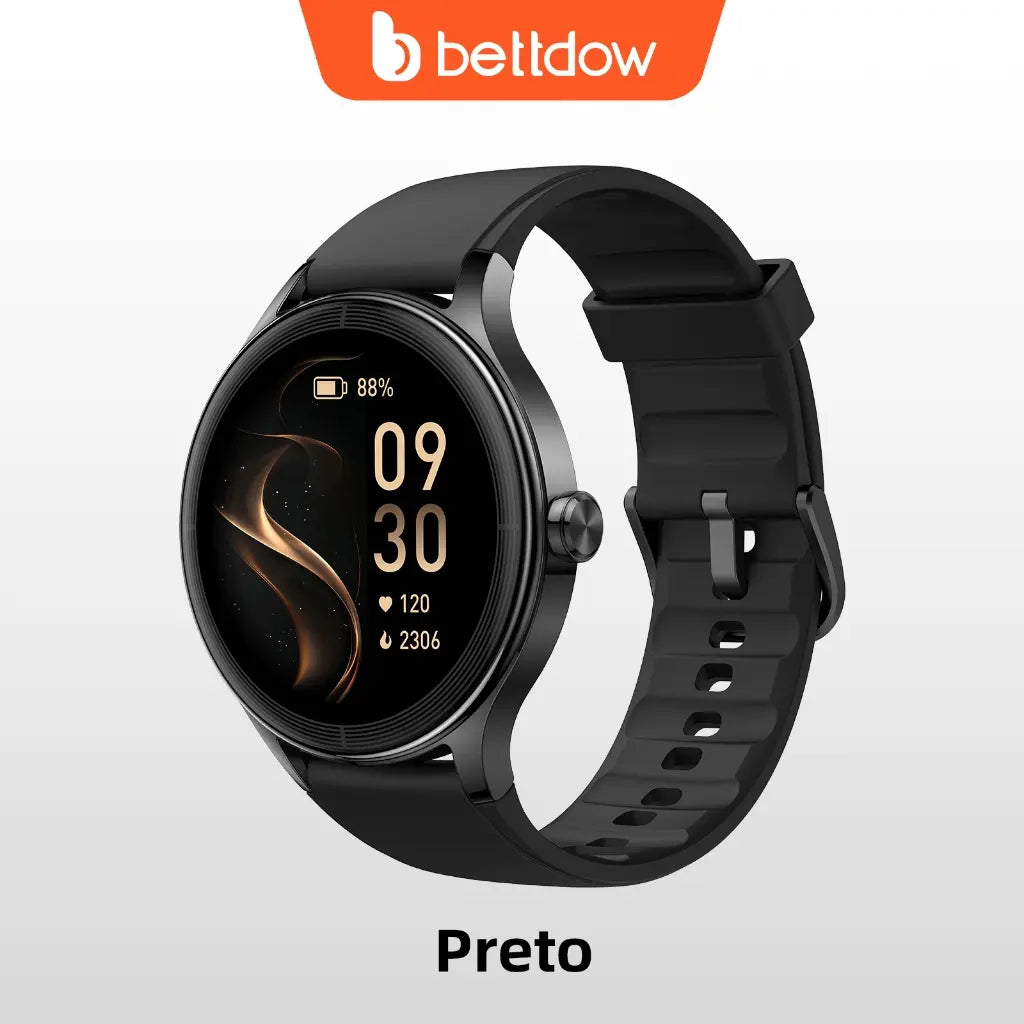 BETTDOW Smartwatch para mulher: ecrã LCD de 1,27 polegadas, resistência à água IP68, caixa em liga metálica, modo desportivo.