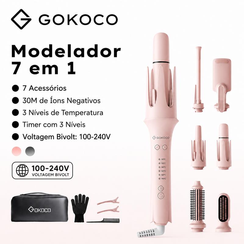 GOKOCO Modelador de Cachos 7 em 1 Automático com Íons Negativos | Bivolt 100-240V | Escova Alisadora e Volume