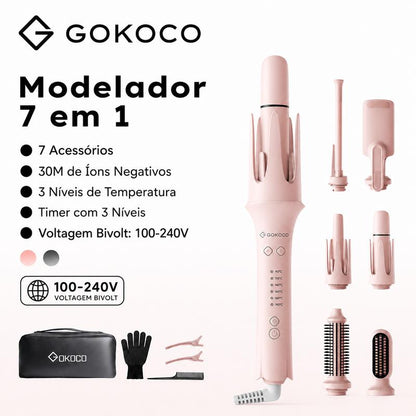 GOKOCO Modelador de Cachos 7 em 1 Automático com Íons Negativos | Bivolt 100-240V | Escova Alisadora e Volume