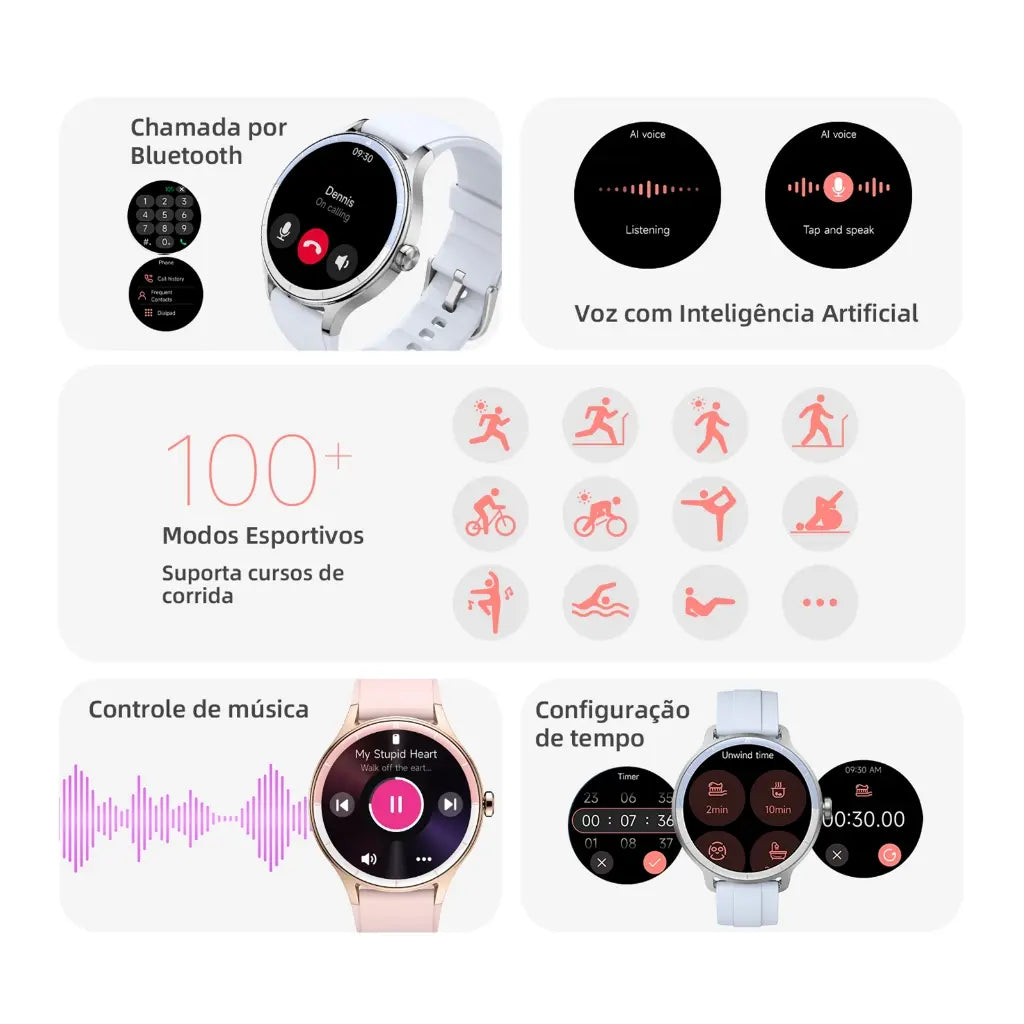 BETTDOW Smartwatch para mulher: ecrã LCD de 1,27 polegadas, resistência à água IP68, caixa em liga metálica, modo desportivo.
