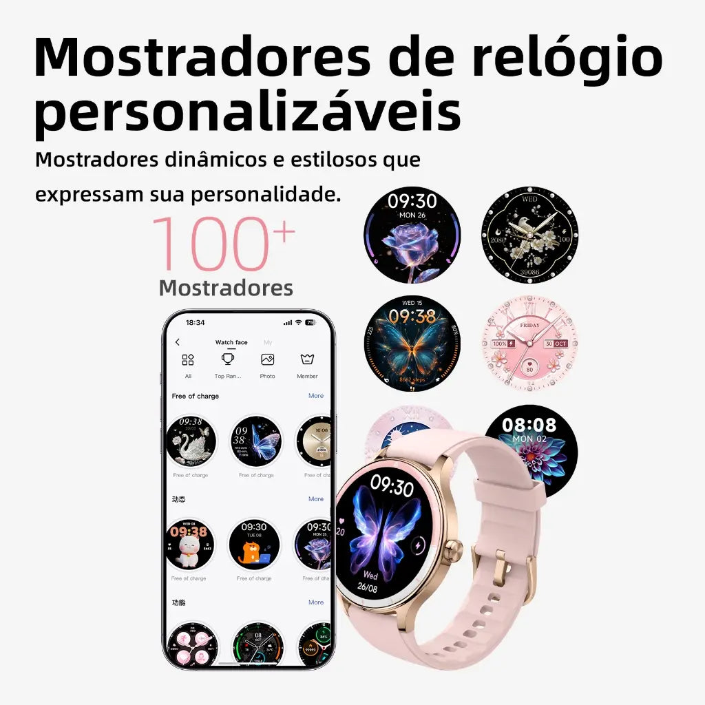 BETTDOW Smartwatch para mulher: ecrã LCD de 1,27 polegadas, resistência à água IP68, caixa em liga metálica, modo desportivo.