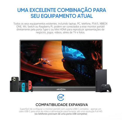 Monitor portátil de 15.6"/16,1"/17,3" 100% sRGB monitor para jogos IPS 1080P FHD Monitor para laptop com suporte embutido Tela externa HDMI USB C para PC Mac Telefone Xbox Switch PS5